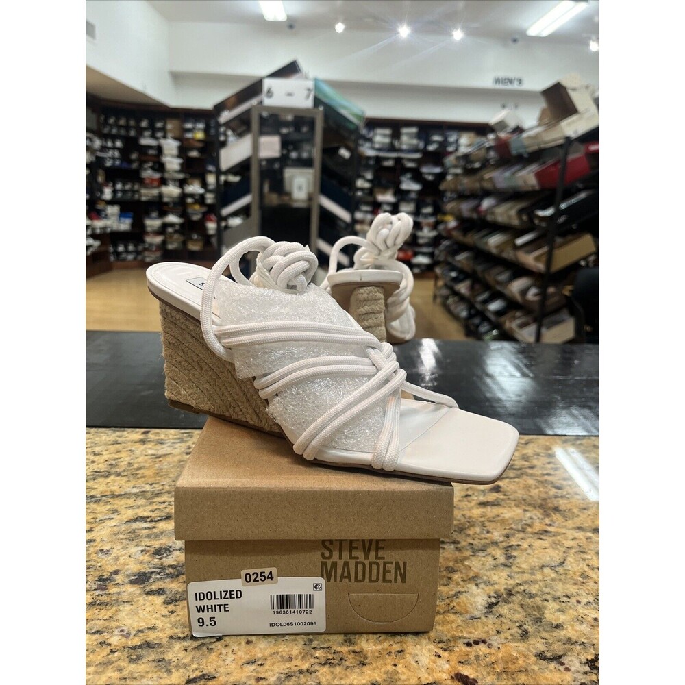 Steve Madden Idolized White Tie Up Strappy Squared Open Toe Wedge Size 9.5M